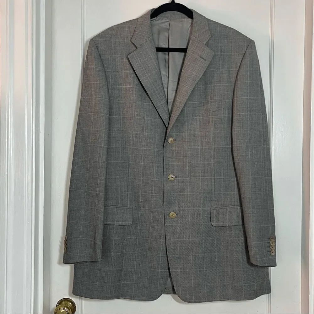 ERMENEGILDO ZEGNA wool gray window pane plaid suit jacket blazer size 54L 44L US